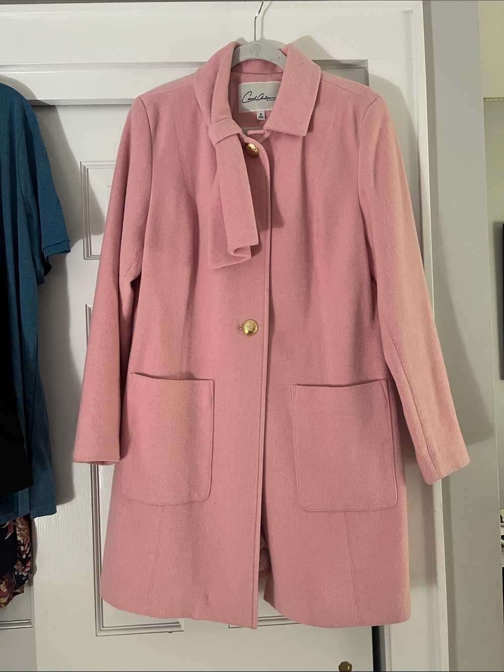 CAbi Pink Single-Breasted Wool-Blend Coat with Gold Buttons. Size 8